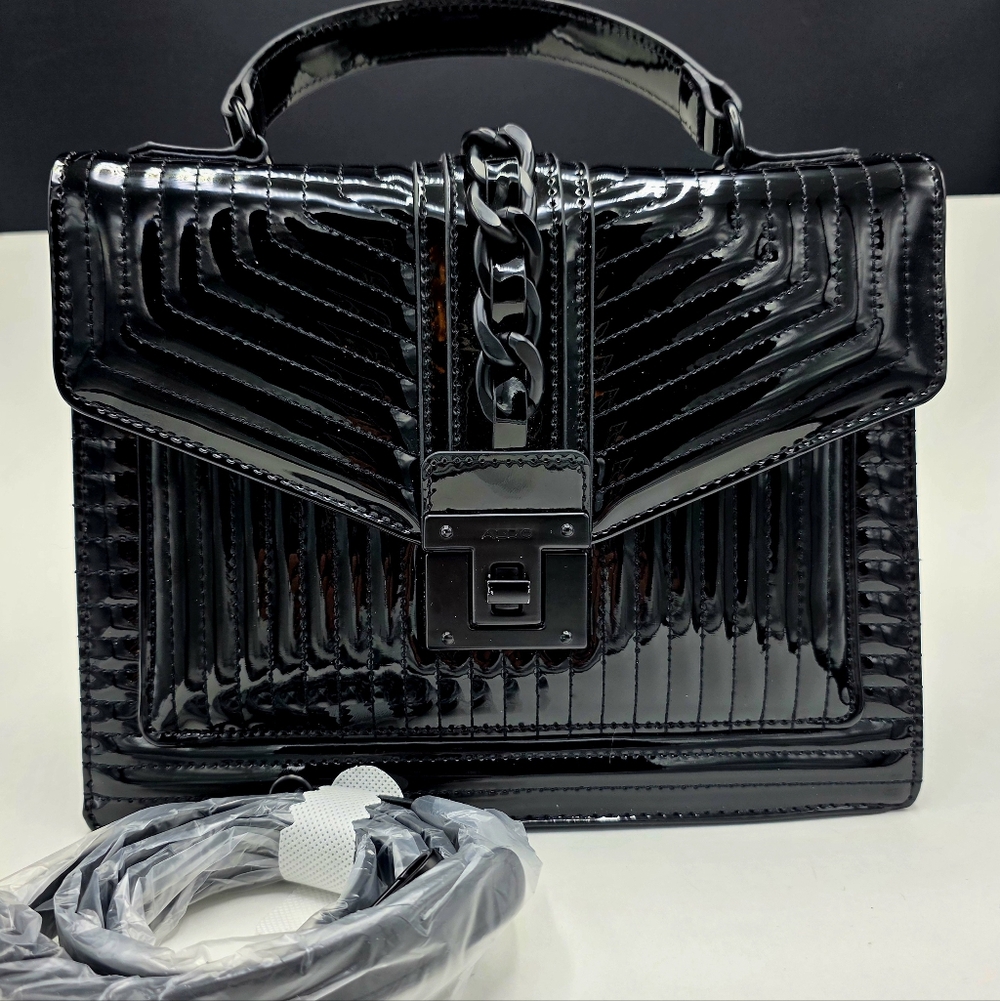 ALDO Womens Medium Jerilini Top Handle/Crossbody Bag Black Patent Leather New